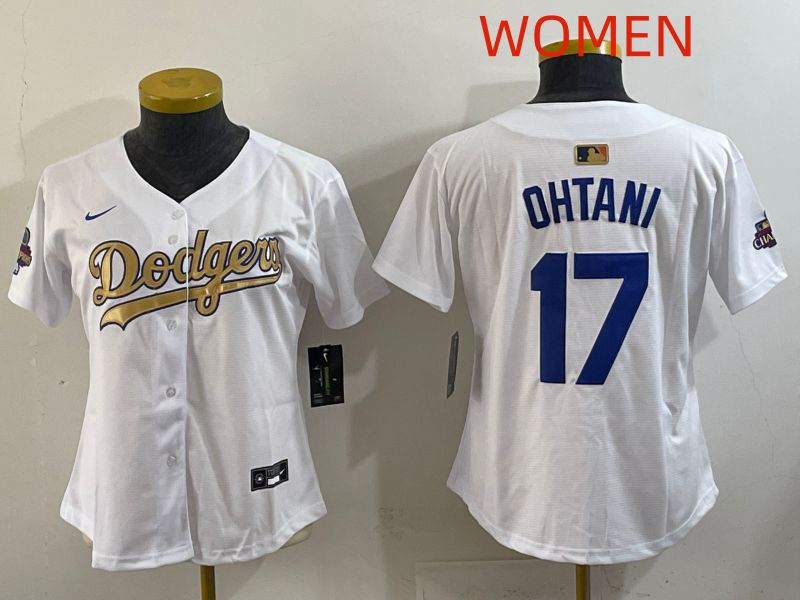 Women Los Angeles Dodgers #17 Ohtani White Champion edition Nike MLB Jersey style 007->women mlb jersey->Women Jersey